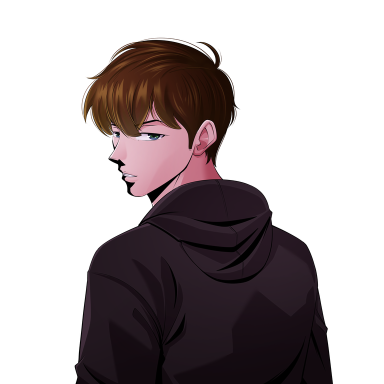 A retro anime depiction of Pukima. Dark blonde hair, blue eyes, a black hoodie and an over the shoulder look.